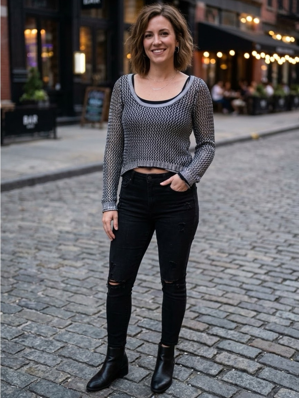 Chelsea & Violet Silver Scoop Neck Open Knit Sweater (N-1)